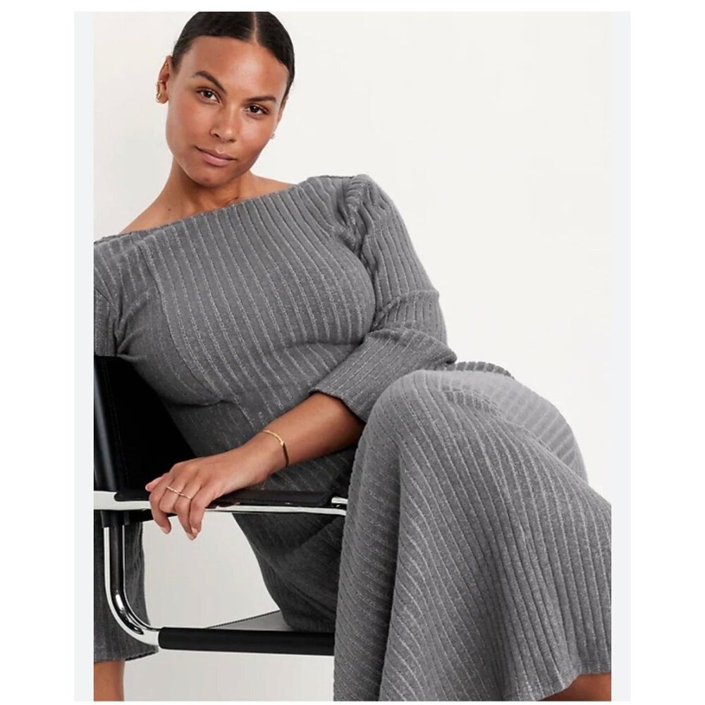 New! Old Navy XS Petite Dark Gray Ribbed Flared Knit Maxi Dress